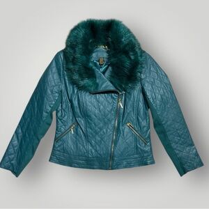IMAN Genuine Leather Quilted
Moto Jacket Teal Faux Fur Collar
Gold Zip Medium